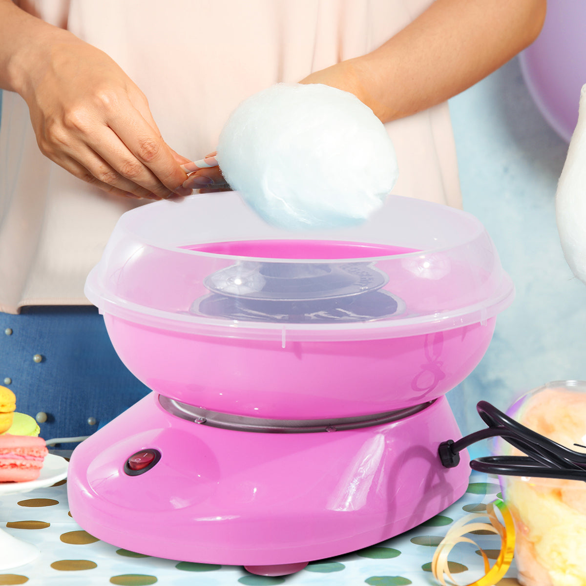 Máquina de Algodão Doce Potência 450W-550W Máquina de Algodão Doce com Colher Medidora e 10 Palitos de Bambu Aço Inoxidável e Alumínio 27x26x18 cm Rosa — foto 2