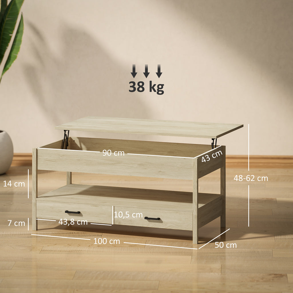 Mesa de Centro Elevável Mesa de Centro com Bancada Elevável Espaço Oculto de Armazenamento Gavetas e Prateleira Aberta 100x50x48-62 cm Carvalho — foto 3