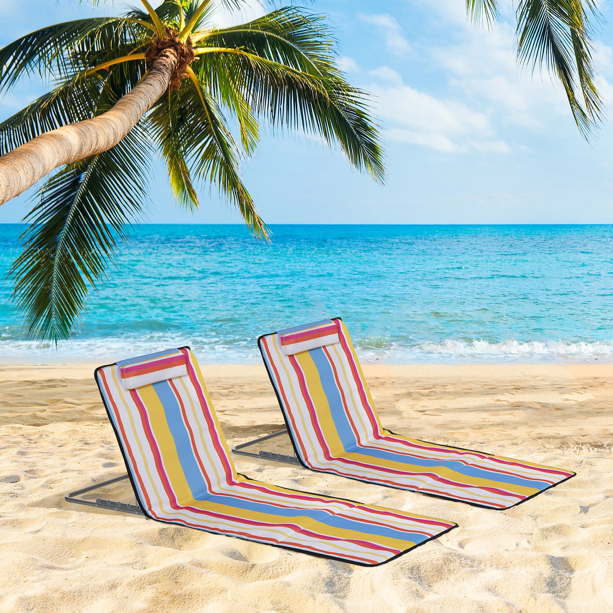 Conjunto de 2 Esteiras de Praia Dobráveis 124x53x50cm com Encosto Ajustável e Apoio para a Cabeça Esteira de Praia Tecido Oxford Aço com Bolsa de Transporte Multicor — foto 2