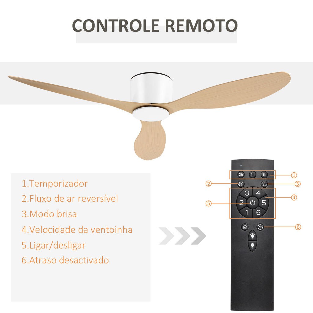 Ventoinha de Teto Motor DC Ø132x18 cm com Controle Remoto 3 Lâminas Reversíveis 6 Velocidades e Temporizador Silencioso para Dormitórios Sala de Jantar Branco e Natural — foto 7