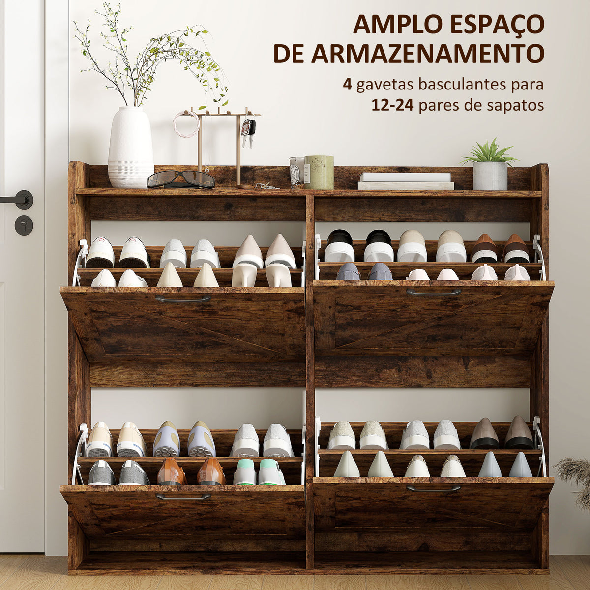 Sapateira de 4 Portas Móvel Sapateira Estreita com Prateleiras Ajustáveis Estilo Industrial para 24 Pares de Sapatos Móvel Auxiliar para Entrada 120x24x103 cm Castanho Rústico — foto 4