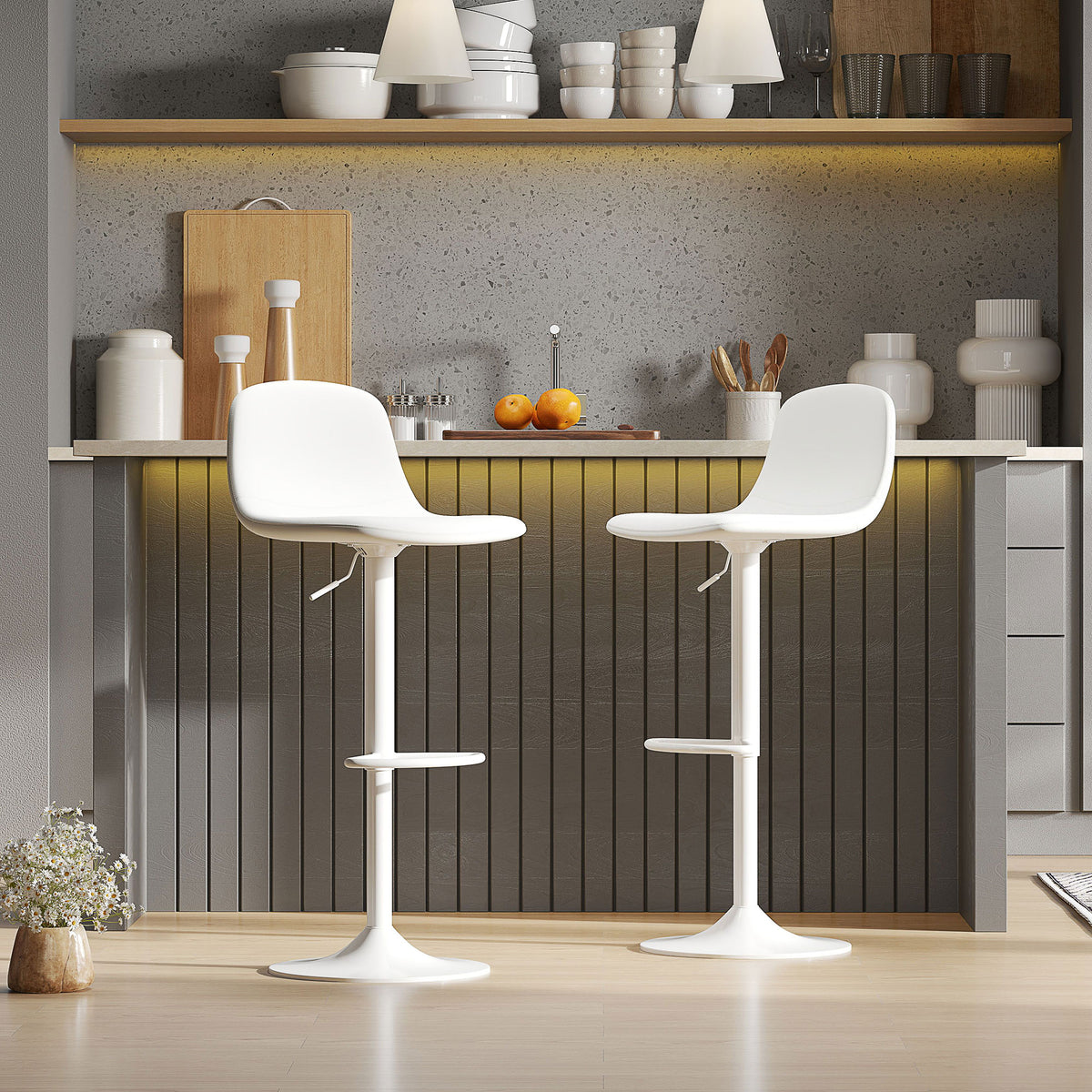 Conjunto de 2 Bancos de Bar Bancos Altos de Cozinha Reguláveis em Altura 84-104 cm com Encosto e Apoio para os Pés Estofadas em PU Giratórias em 360° para Sala de Jantar Varanda Branco — foto 2