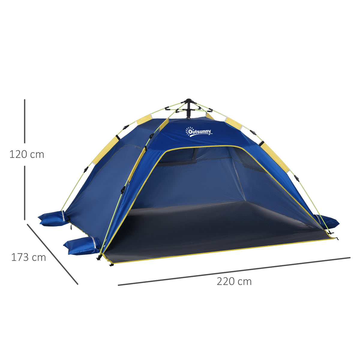Tenda de Praia Dobrável Tenda de Praia Pop-up para 1-2 Pessoas com 2 Portas 2 Janelas e Bolsa de Transporte para Parque Campismo 220x173x120 cm Azul Escuro — foto 3
