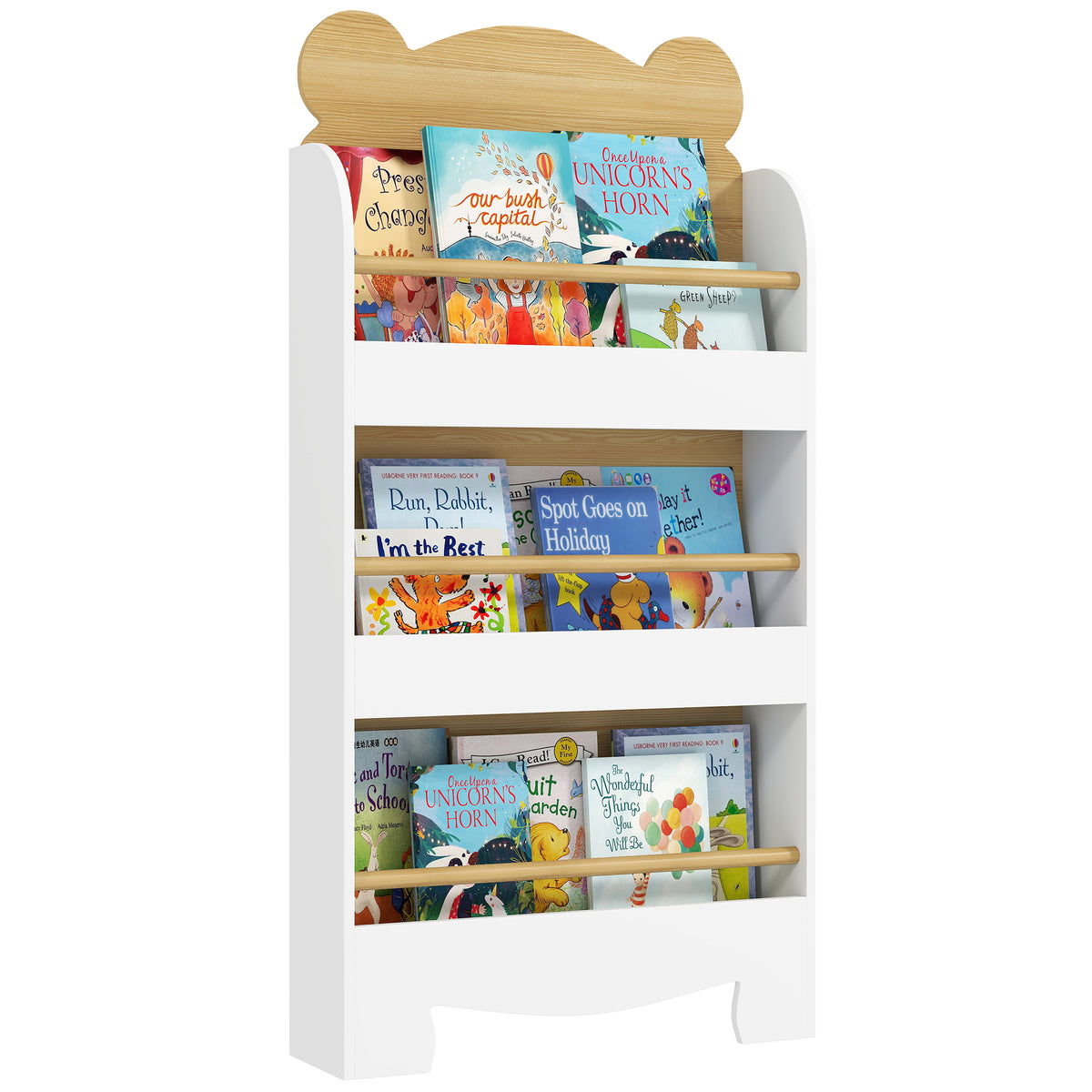 Estante Infantil de 3 Níveis Estante para Livros Infantil Desenho de Ursinho para Sala de Jogos Dormitório Escola Infantil 55x15x110 cm Branco e Madeira — foto 1