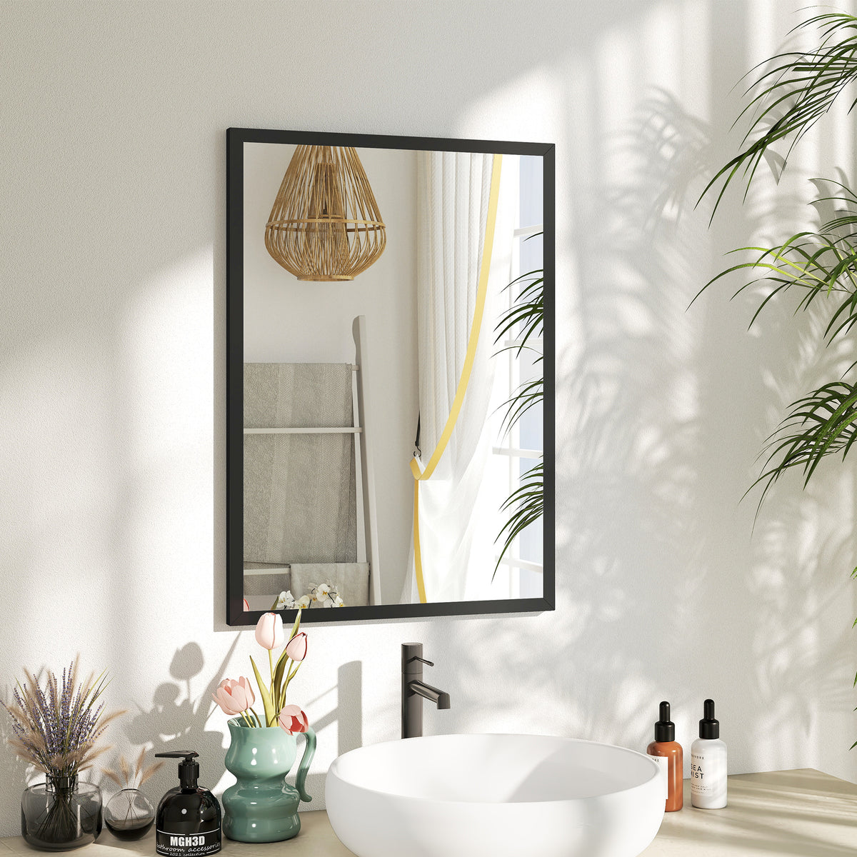 Espelho de Parede Decorativo 50x70 cm Espelho Retangular Espelho de Casa de Banho com 4 Ganchos Metálicos Estilo Moderno para Sala Quarto Entrada Preto — foto 2
