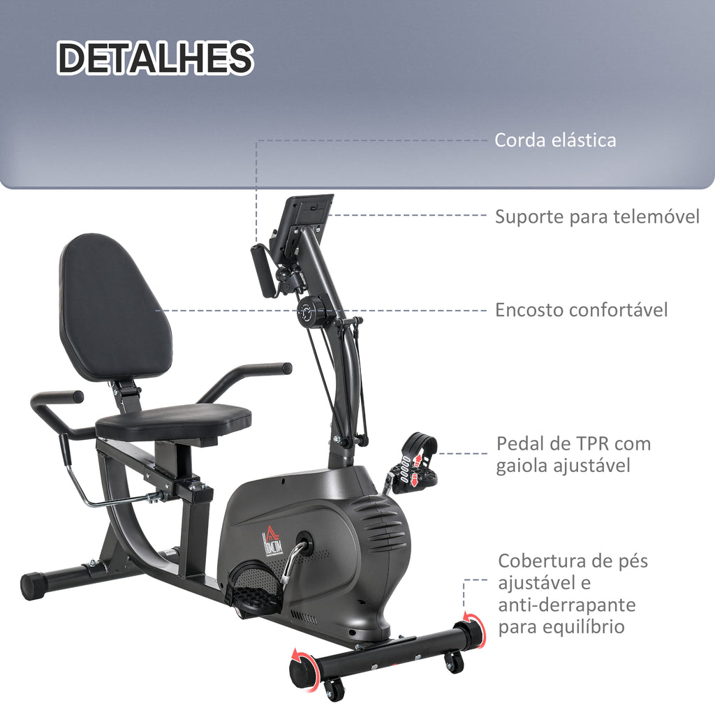 Bicicleta Estática com Encosto 8 Níveis de Resistência Bicicleta Estática Reclinada com Banco Ajustável Ecrã LCD e Suporte para Telemóvel para Treinos de Recuperação 121-142x62x101 cm Preto — foto 7