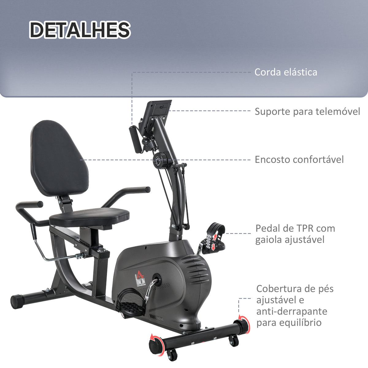 Bicicleta Estática com Encosto 8 Níveis de Resistência Bicicleta Estática Reclinada com Banco Ajustável Ecrã LCD e Suporte para Telemóvel para Treinos de Recuperação 121-142x62x101 cm Preto — foto 7