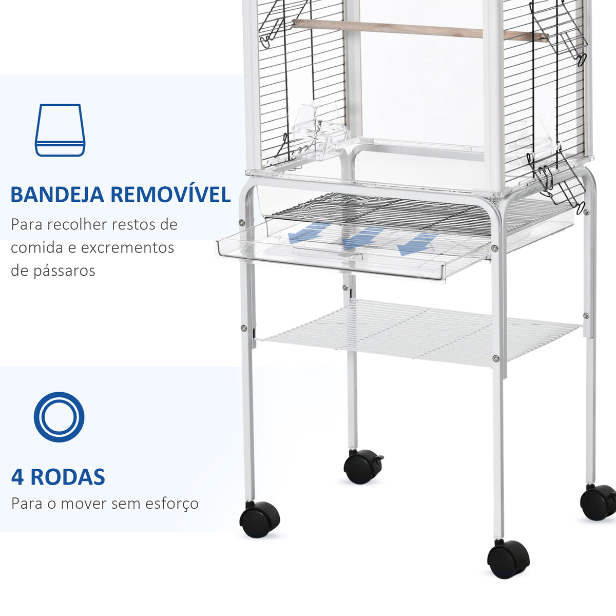 Gaiola para Passáros com Suporte Desmontável Gaiola com 4 Rodas Teto com Abertura 2 Comedouros 2 Poleiros Bandeja Removível 47x35x106,5cm Branco — foto 6