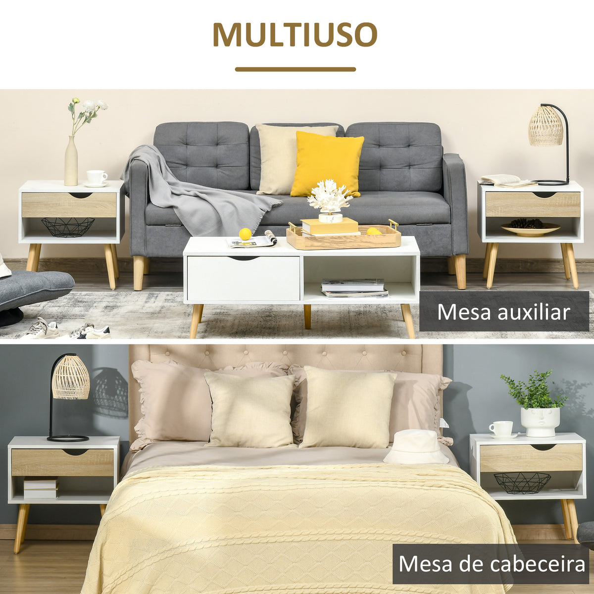 Conjunto de 2 Mesas de Cabeceira Mesa Auxiliar com 1 Gaveta e Prateleira de Armazenamento para Dormitório Sala de Estar Escritório Estilo Moderno 50x39x51cm Branco e Carvalho — foto 4