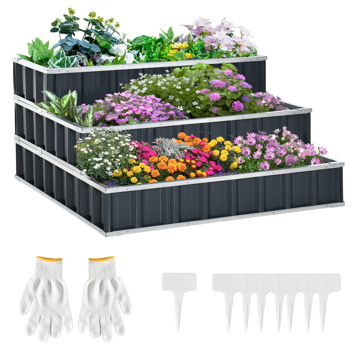 Caixa de Plantio de 3 Alturas para Jardim com Luvas Caixa de Plantio para Cultivos de Plantas Flores para Terraço Exterior 118x118x62cm Cinza — foto 1