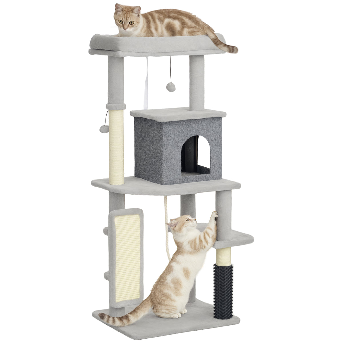 Arranhador para Gatos Grande Altura 132 cm Arranhador para Gatos com Plataformas Postes com Escova Bolas Suspensas e Almofadas para Arranhar Cinza — foto 1