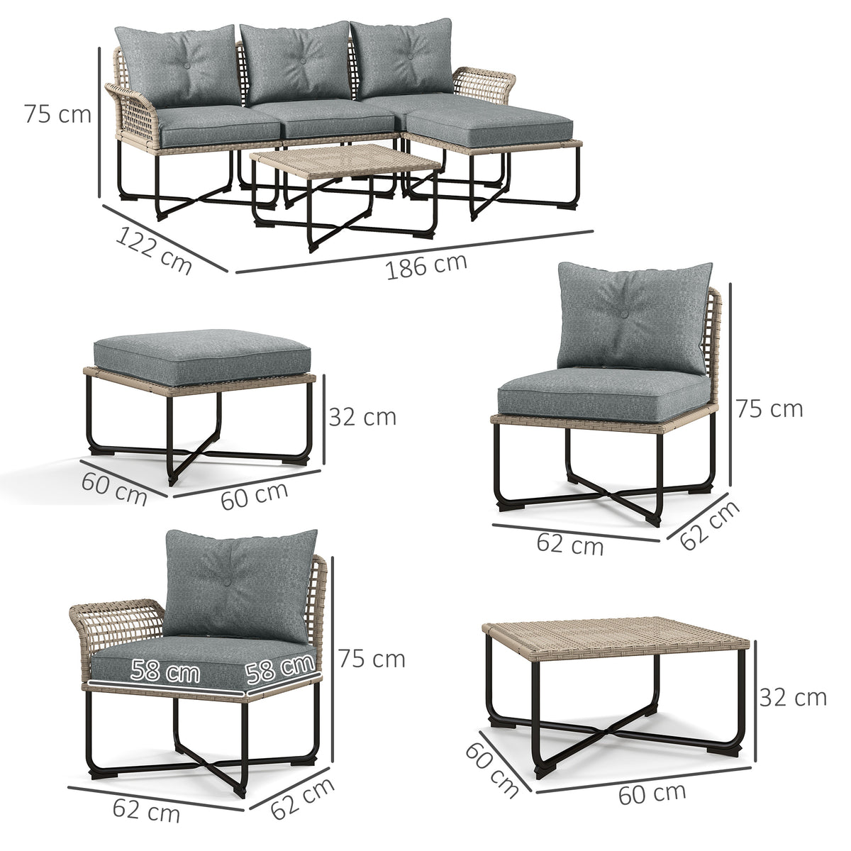 Conjunto de Jardim em Vime Sintético Conjunto de Móveis de Exterior com Sofá de 4 Módulos 1 Mesa de Centro e Almofadas Cinza — foto 3