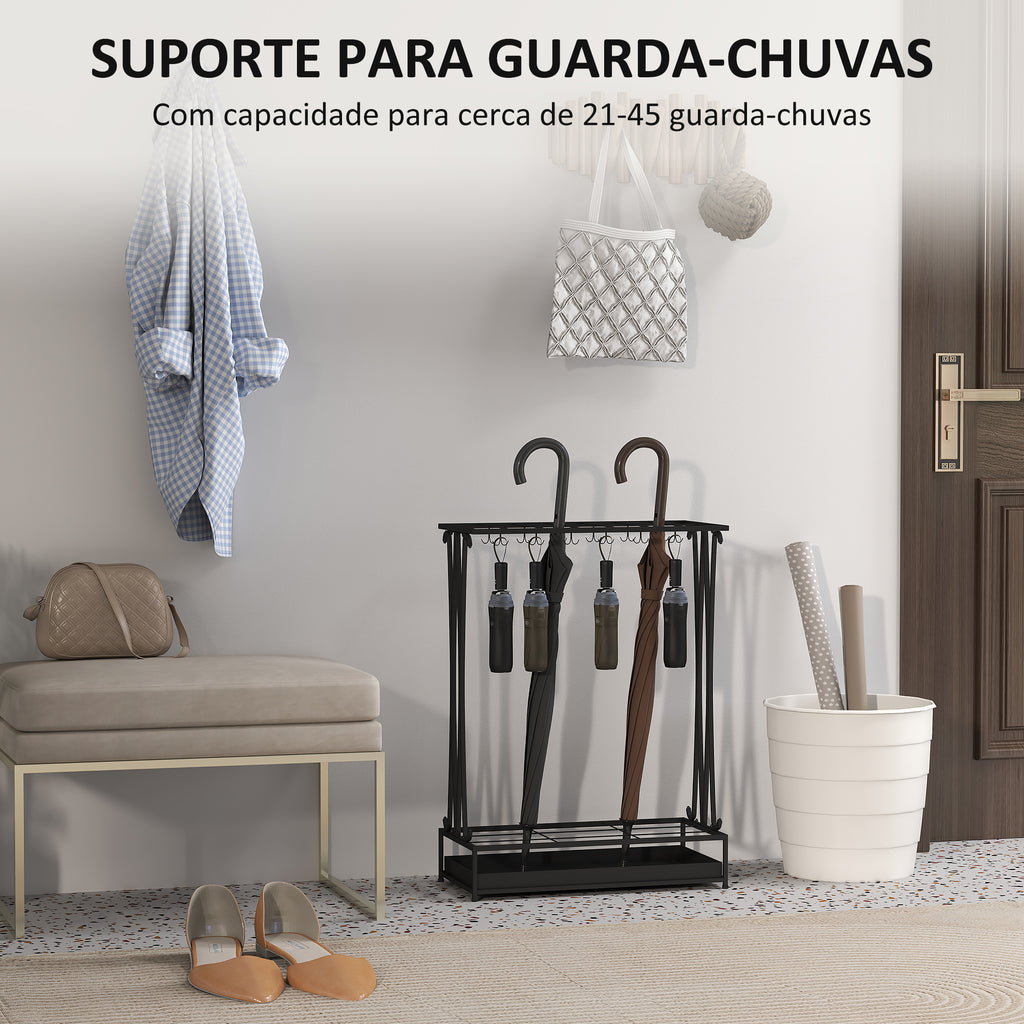 Suporte para Guarda-Chuva Moderno Retangular Suporte para Guarda Chuvas de Aço com 24 Ganchos 21 Espaços e Bandeja Recolhedora de Gotas Amovível para Entrada Escritório 50x24x68 cm Preto — foto 4