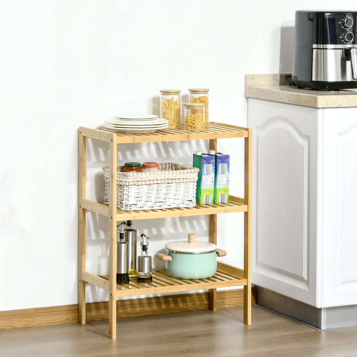 Estante de Bambu de 3 Níveis Móvel Organizador Multifuncional para Casa de Banho Cozinha Sala de Estar 62x33x80cm Natural — foto 2