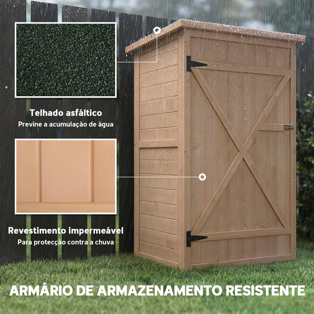 Armário de Jardim de Madeira 75x56x115cm Armário de Jardim para Ferramentas com 3 Prateleiras Interiores Porta com Trava e Teto Asfáltico Madeira — foto 5