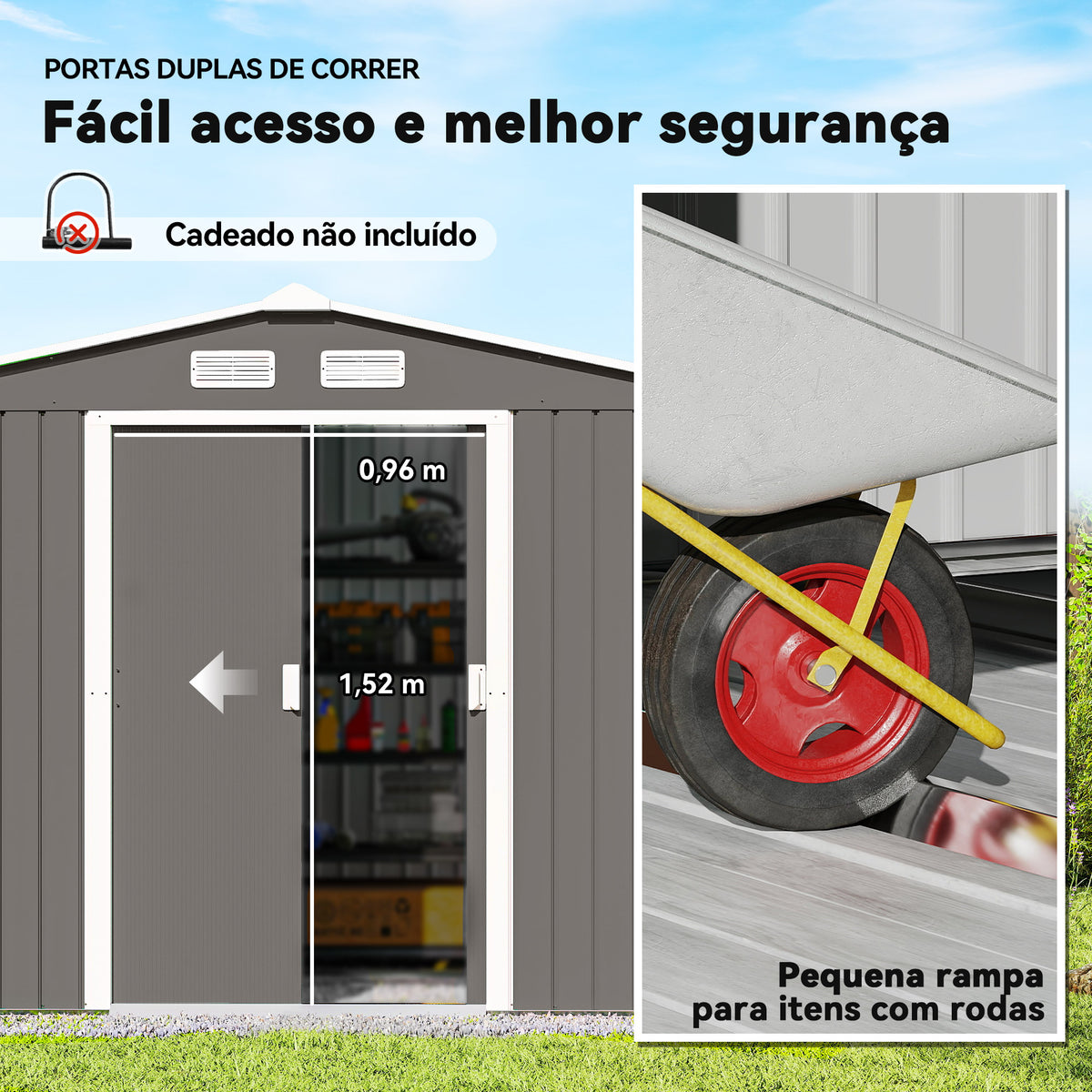 Abrigo de Jardim Exterior 4,83m² 277x195x192cm Abrigo e Jardim Metálico para Armazenamento de Ferramentas com Base de Reforço Incluída e 4 Janelas Cinza — foto 5