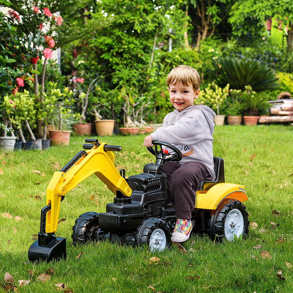 Trator a Pedais para Crianças acima de 3 Anos Escavadora para Crianças com Pá Dianteira e Buzina Carga 35kg Trator Infantil para Exterior 107x42x71 cm Amarelo — foto 2