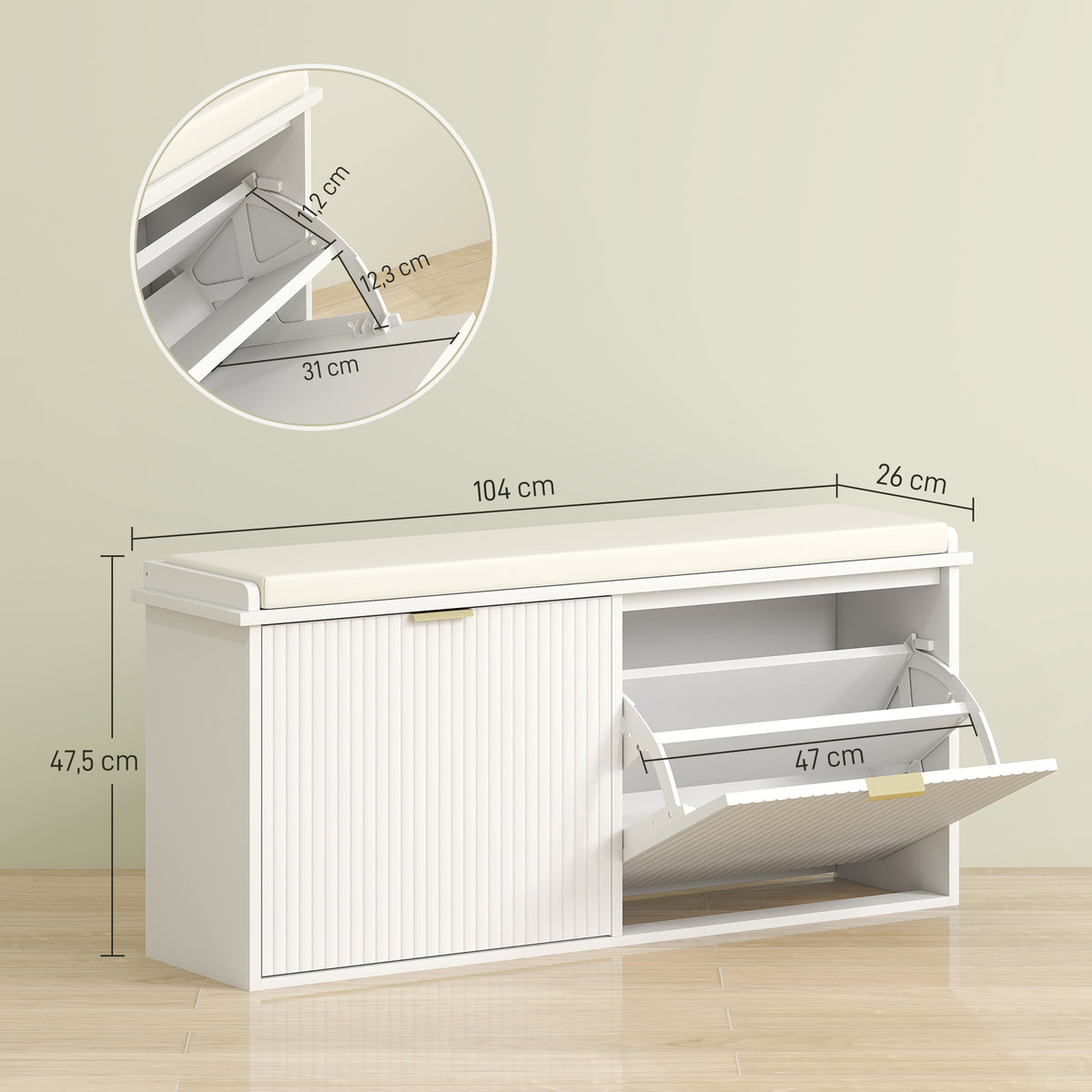 Banco Sapateira Móvel Sapateira Estreito Banco de Entrada com Assento Estofado 2 Caixas Rebatível e Painel de Ripas para Entrada Quarto Sala de Estar 104x26x47,5 cm Branco — foto 3