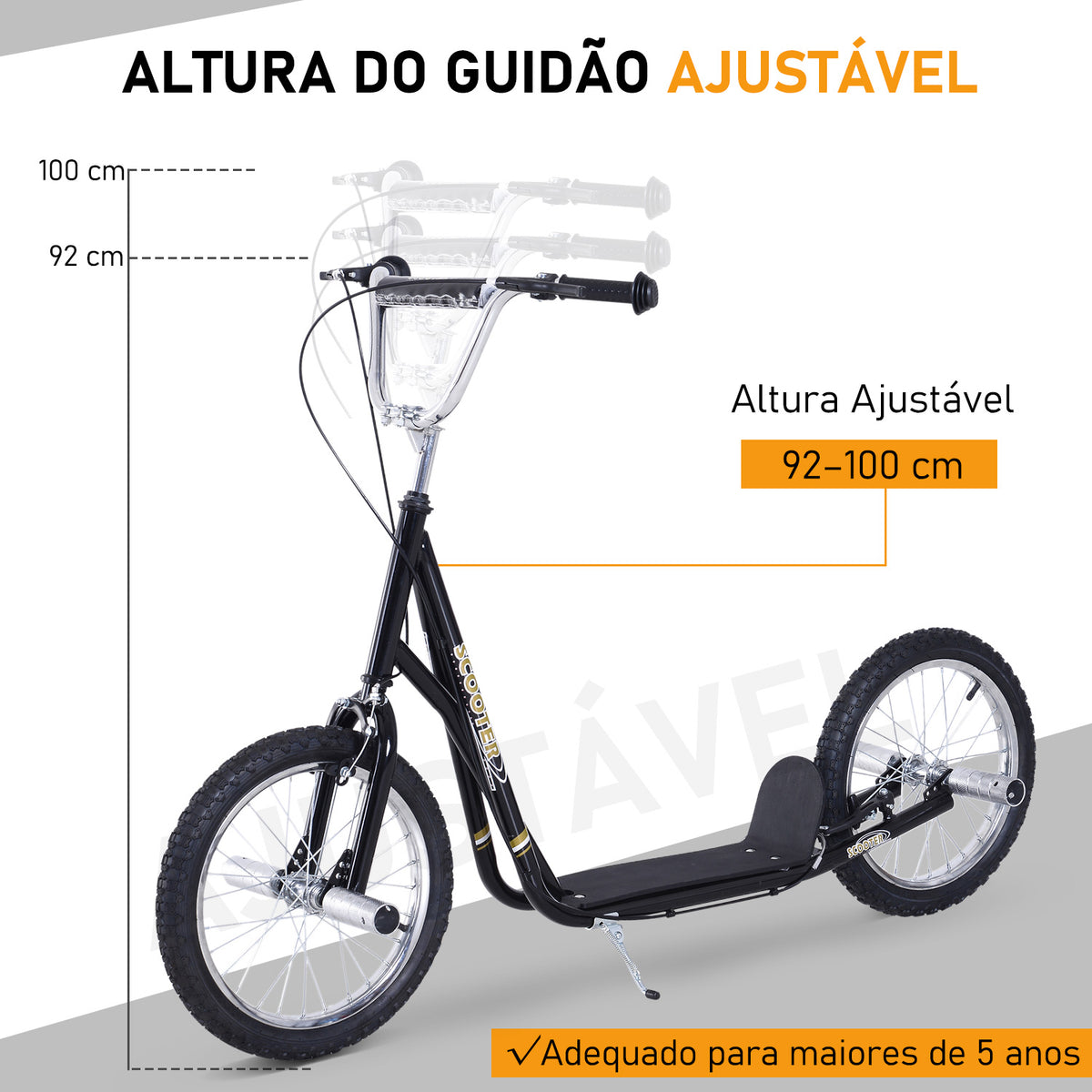 Trotinete com 2 Rodas de 16 Polegadas Trotinete para Crianças com Altura Ajustável e Freio 143x58x92-100 cm Preto — foto 4