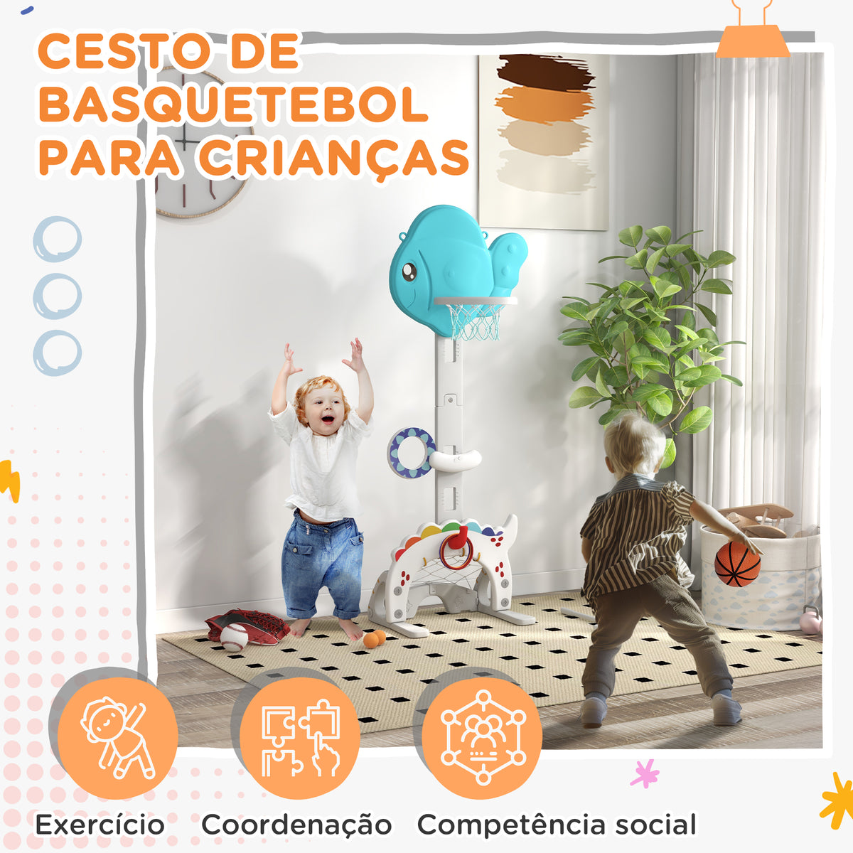 Cesta de Basquetebol Infantil 5 em 1 Cesta de Basquetebol para Crianças com Altura Ajustável com Tema Peixe Dourado Futebol Golf Jogo de Lançamento de Bola para Interior Multicolorido — foto 4