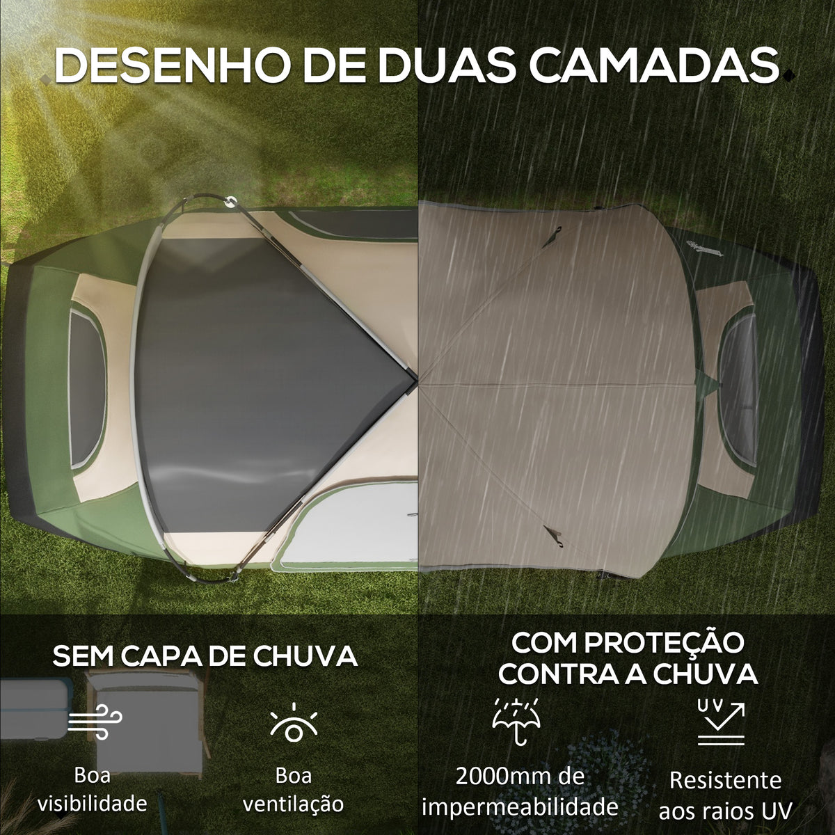 Tenda de Campismo Familiar para 4-5 Pessoas Tenda de Campismo Dobrável com 2 Quartos e Bolsa de Transporte Impermeável para Trekking 450x215x180 cm Verde — foto 4