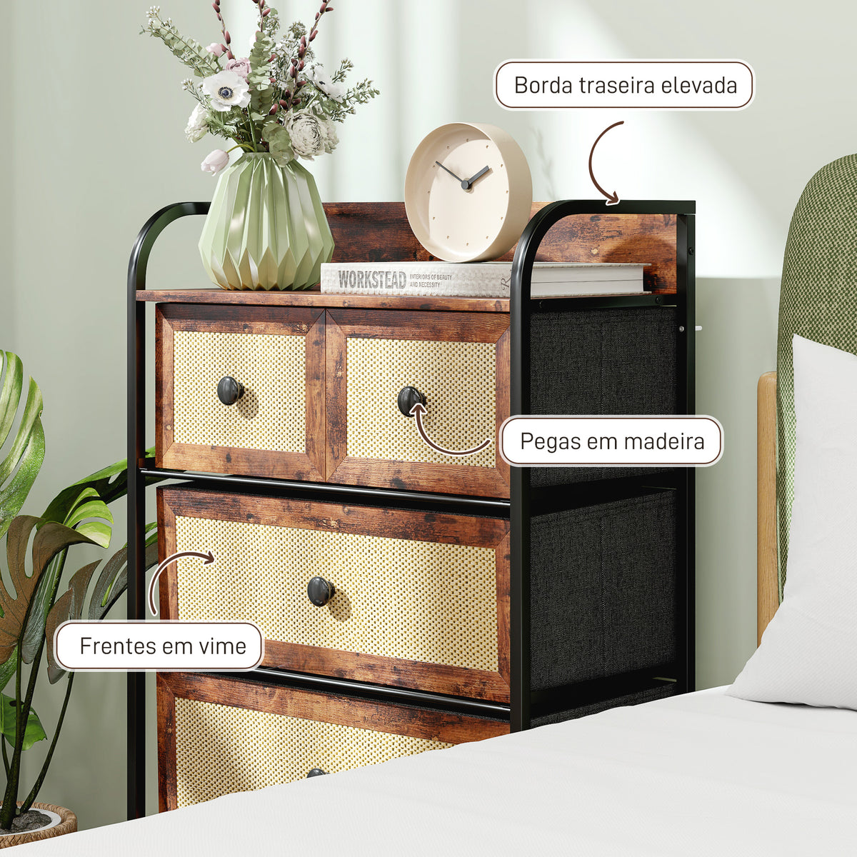 Cómoda de Tecido Cómoda para Dormitório com 5 Gavetas com Frente em Vime Prateleira e Estrutura em Aço para Sala de Estar 58x29x99 cm Marrom Rústico — foto 7