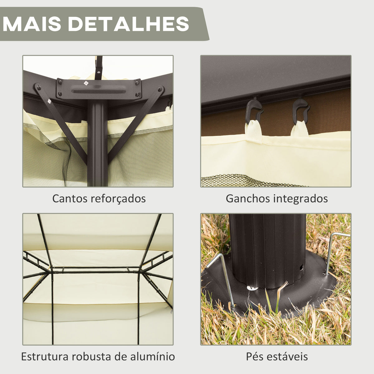 Pérgola de Jardim 4x3m Pérgola de Alumínio com Teto com Ventilação 4 Cortinas Laterais 4 Telas Mosquiteiras e 8 Orifícios de Drenagem para festas Eventos Exterior Creme — foto 6