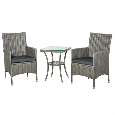 Rattan Garden Furniture Set with 1 Table and 2 Armchairs with Cushions Outdoor Metal and Rattan Furniture Light Grey