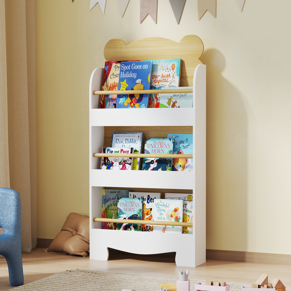 Estante Infantil de 3 Níveis Estante para Livros Infantil Desenho de Ursinho para Sala de Jogos Dormitório Escola Infantil 55x15x110 cm Branco e Madeira — foto 2