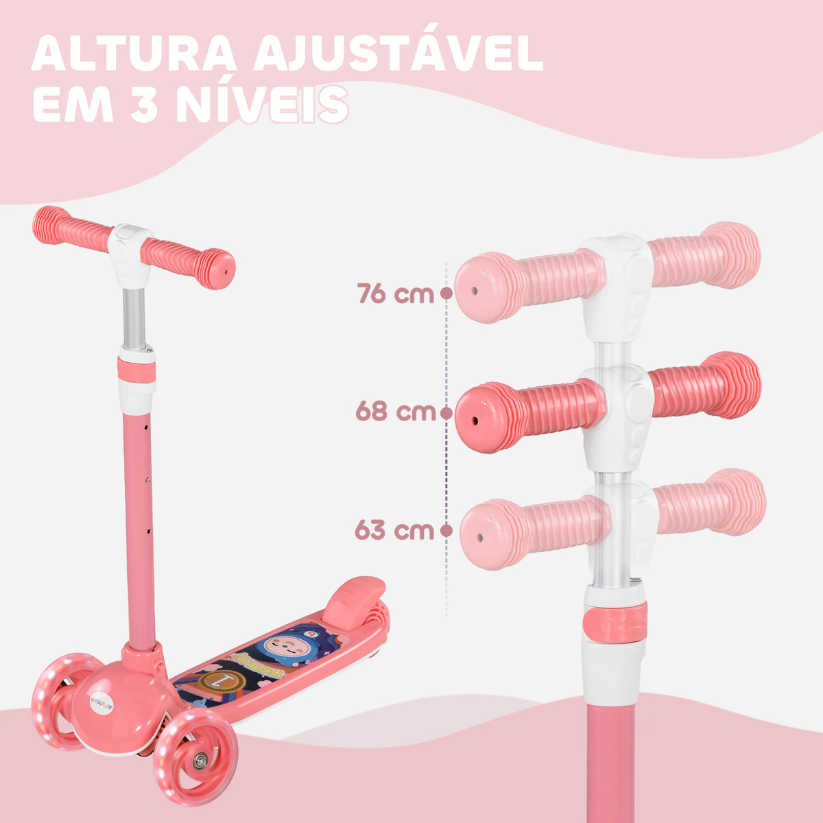 AIYPLAY Trotinete para Crianças de 2-6 Anos Trotinete Infantil Dobrável Trotinete com 3 Rodas LED Altura Ajustável Carga 25 kg 52x29x63-76 cm Rosa — foto 4
