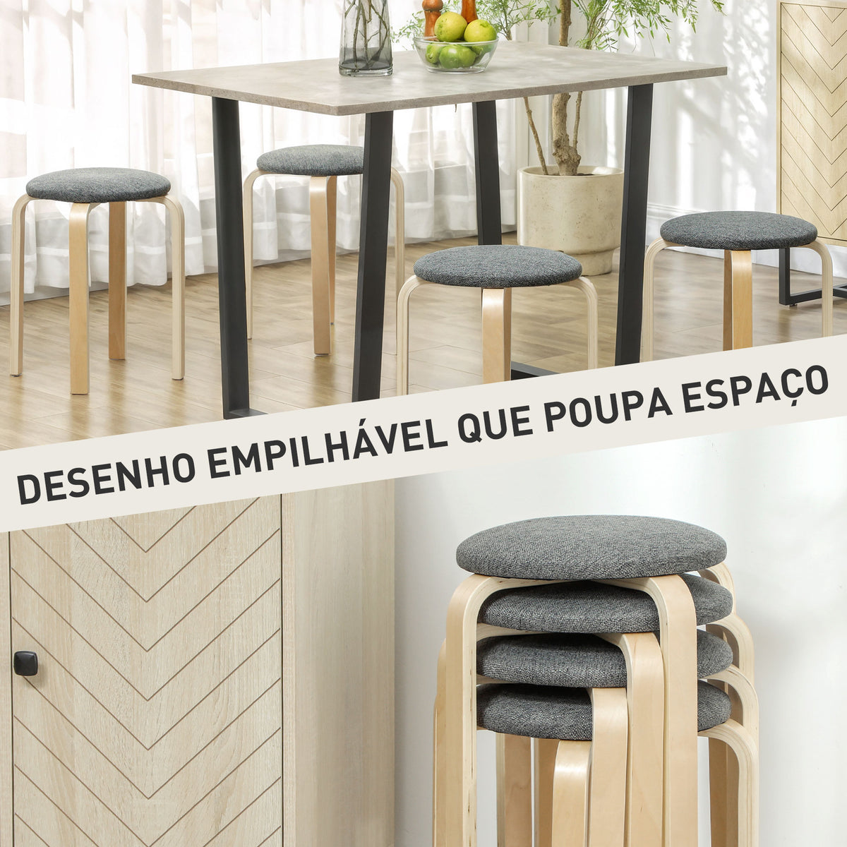 Conjunto de 4 Bancos Empilháveis Redondos Bancos Baixos de Cozinha com Assento Acolchoado para Sala de Jantar Quarto Escritório Sala Cinzento e Madeira — foto 4
