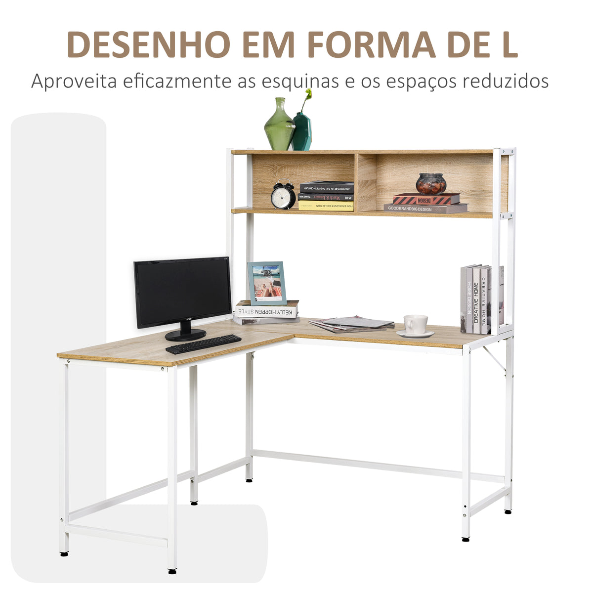 Secretária em Forma de L Multifuncional Secretária para Escritório ou Estúdio com Prateleiras Altas Amplo Espaço Estilo Minimalista 140x125x149cm Madeira e Branco — foto 5