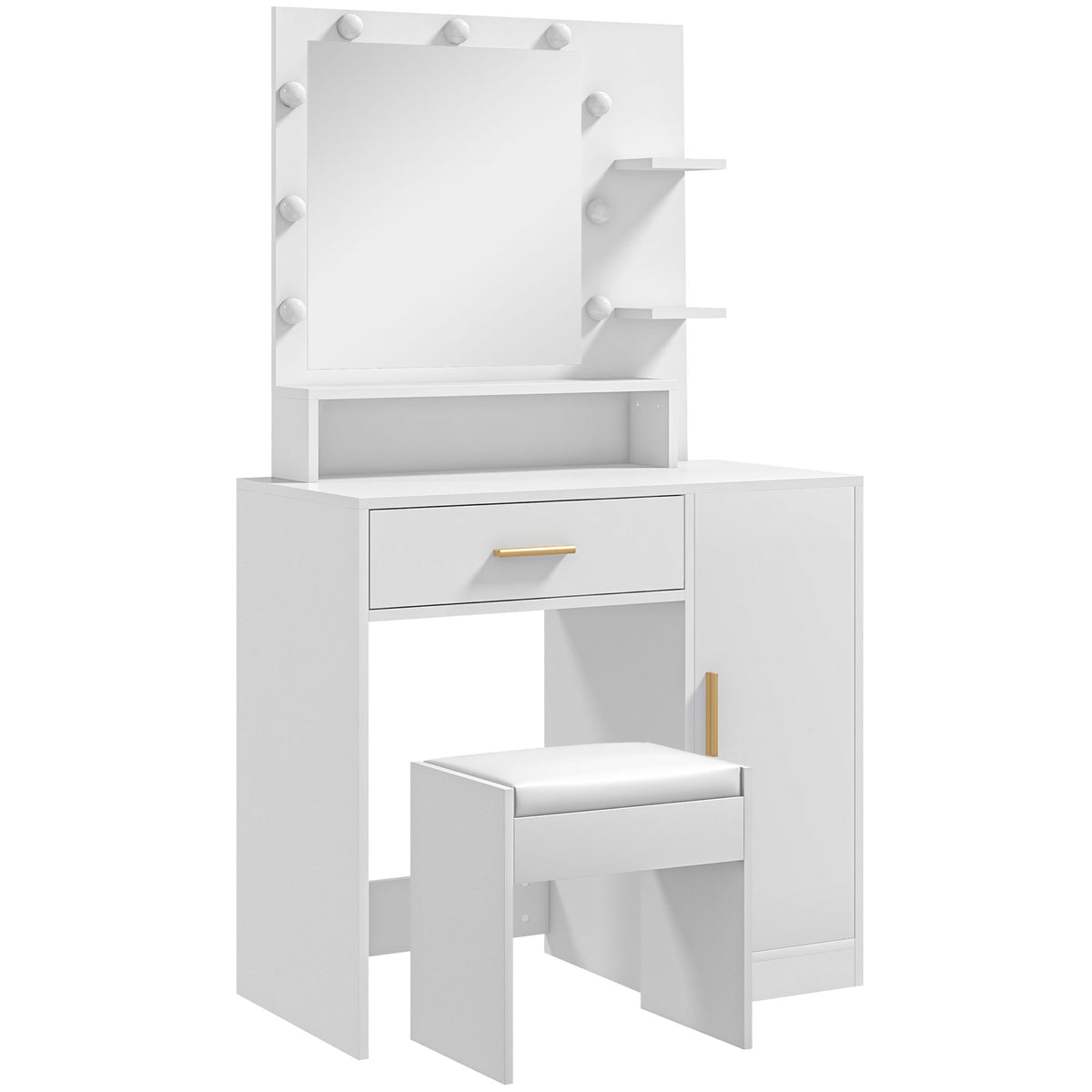 Toucador de Maquilhagem com Banco Mesa de Maquilhagem com Espelho LED Gavetas Prateleira Ajustável e Prateleiras Abertas para Dormitório Sala de Estar Branco — foto 1
