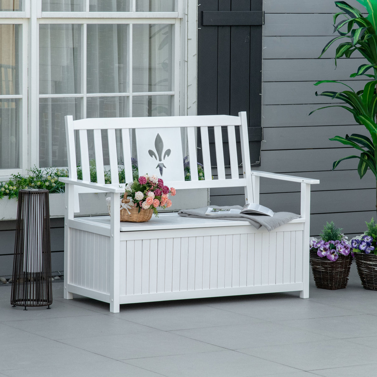 Banco de Madeira Exterior de 2 Lugares com Espaço de Armazenamento e Tecido Oxford Banco Baú de Jardim Terraço com Apoio para os Braços Carga 250kg 125x68,5x97 Branco — foto 2