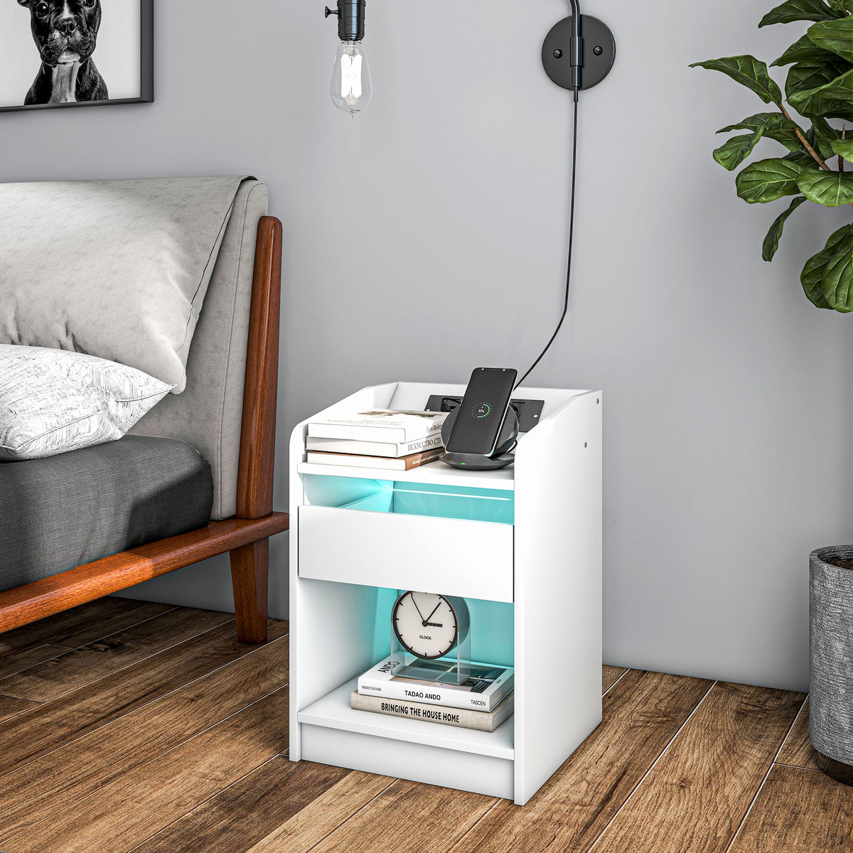 Mesa de Cabeceira com Luzes LED Mesa de Cabeceira com Gaveta Prateleira Estação de Carregamento Entrada USB e Controlo Remoto 40x40x58 cm Branco - Modelo 1 — foto 2