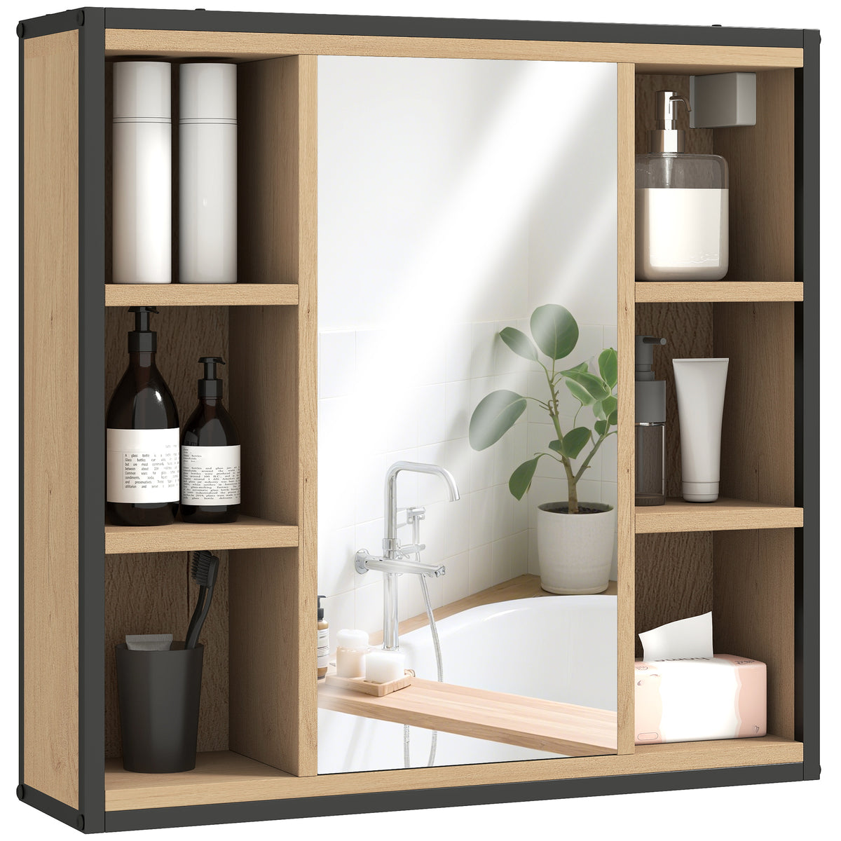 Armário de Casa de Banho com Espelho Armário de Parede com Prateleira Ajustável e 6 Compartimentos Abertos 60x16x58,5 cm Madeira — foto 1
