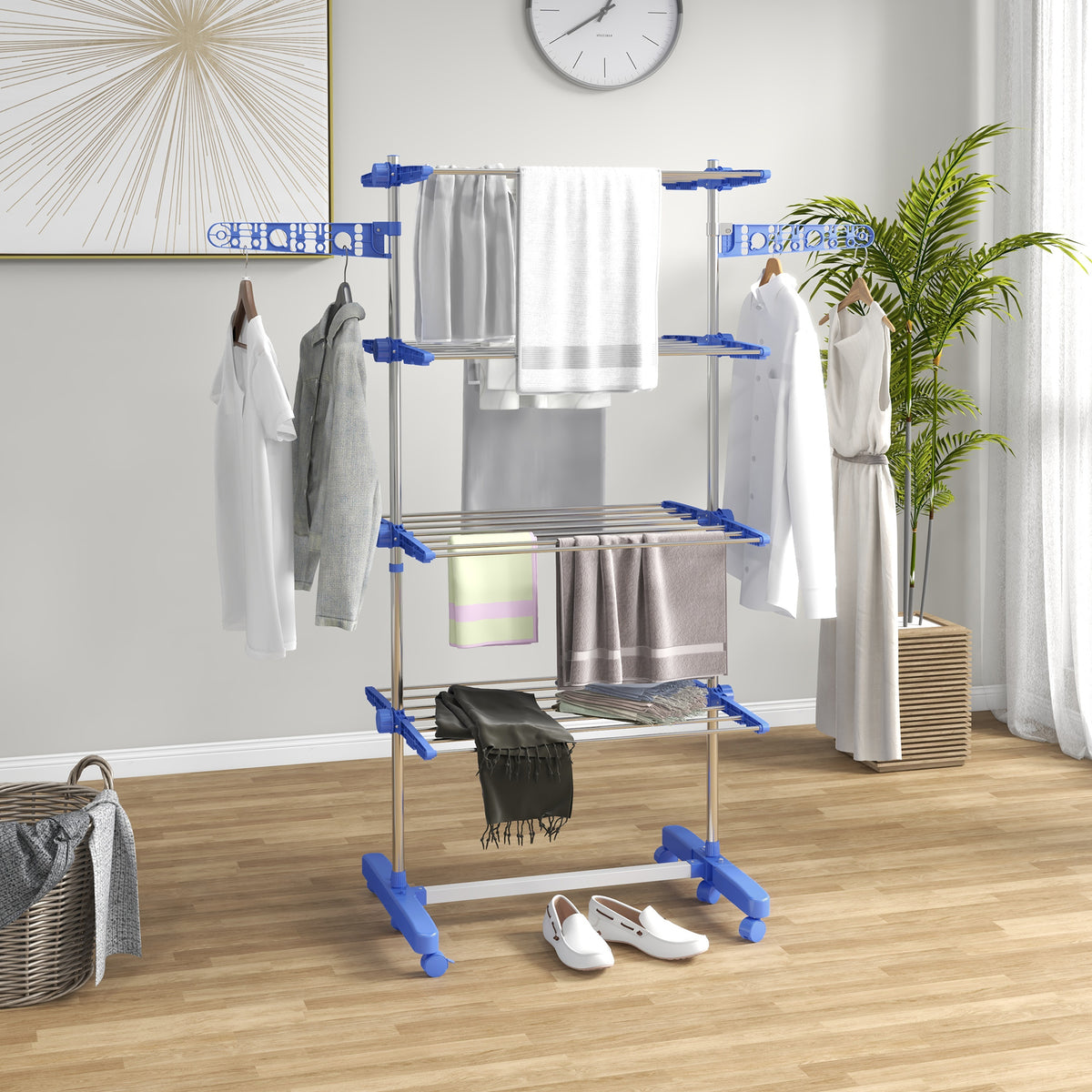 Estendal Vertical Dobrável de 4 Níveis Estendal de Roupa com 6 Rodas 2 Laterais Dobráveis Prateleiras Ajustáveis e Estrutura de Aço Inoxídável para Interior e Exterior Azul — foto 2