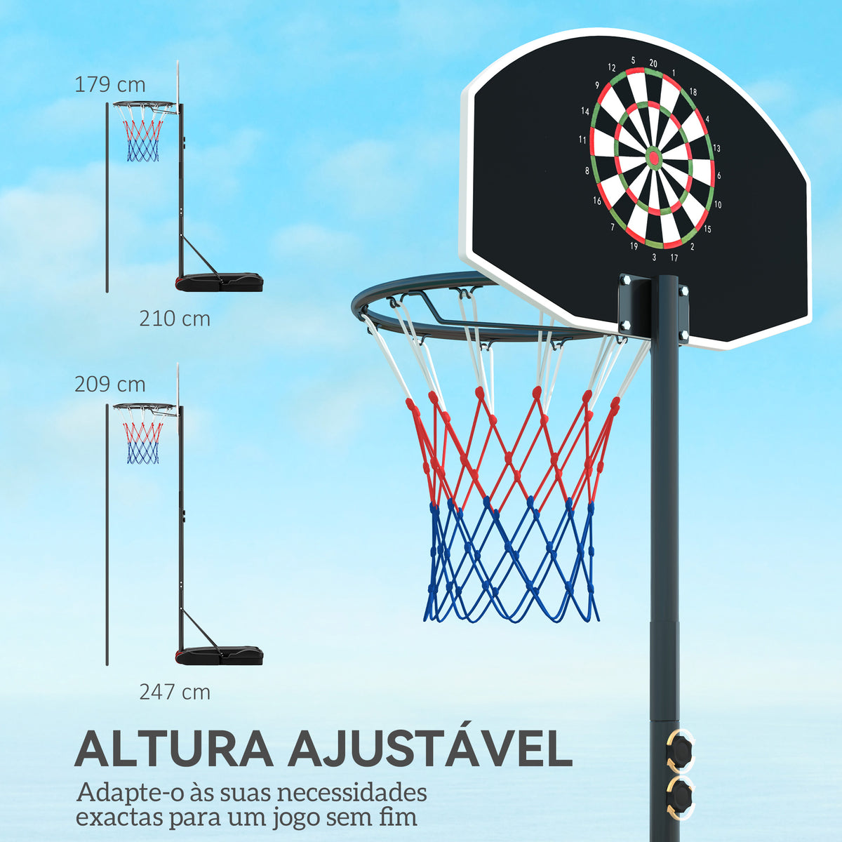 Tabela de Basquetebol para Exterior com Alvo de Dardos Tabela de Basquetebol Portátil com Ajustável 210-247 cm Rodas Base Rellenável para Adolescentes e Adultos Preto — foto 5