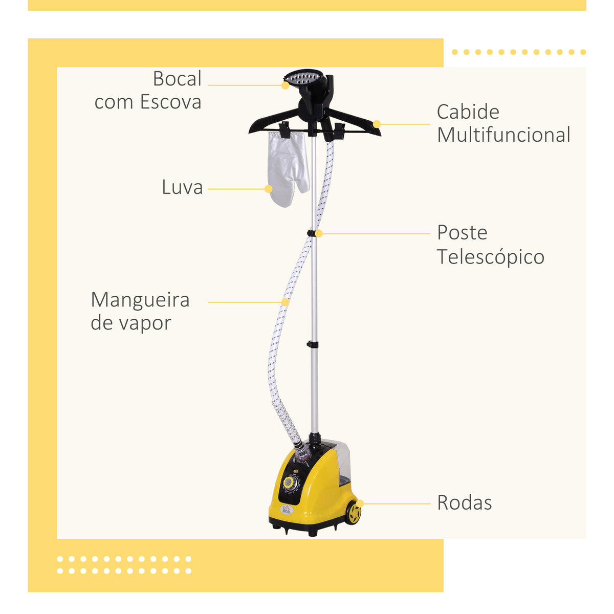 Ferro de Engomar a Vapor com Depósito de 1,4L e Temperatura Ajustável em 11 Níveis Ferro de Engomar a Vapor Vertical 26x21,5x146cm Amarelo e Preto — foto 5