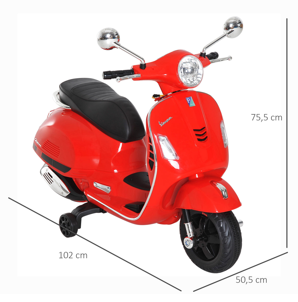 Mota Elétrica para Crianças de 3-6 Anos com Licença Vespa Moto a Bateria para Crianças com Música Velocidade 2-3 km/h e Buzina Carga 30 kg 102x50,5x75,5 cm Vermelha — foto 3