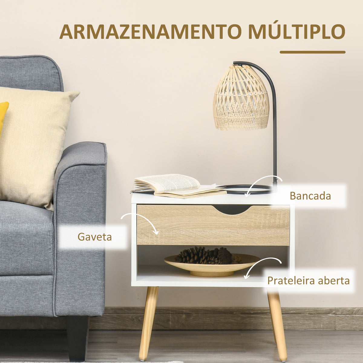 Conjunto de 2 Mesas de Cabeceira Mesa Auxiliar com 1 Gaveta e Prateleira de Armazenamento para Dormitório Sala de Estar Escritório Estilo Moderno 50x39x51cm Branco e Carvalho — foto 6