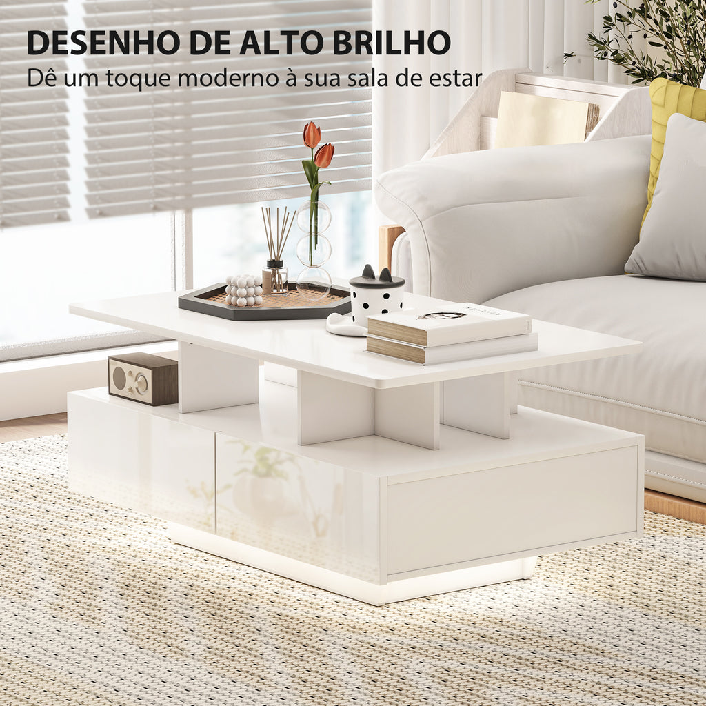 Mesa de Centro Moderna com LED Mesa de Centro com 4 Gavetas Prateleira Aberta e Luzes LED de 16 Cores para Sala de Estar 90x55x41 cm Branco Brilhante — foto 6
