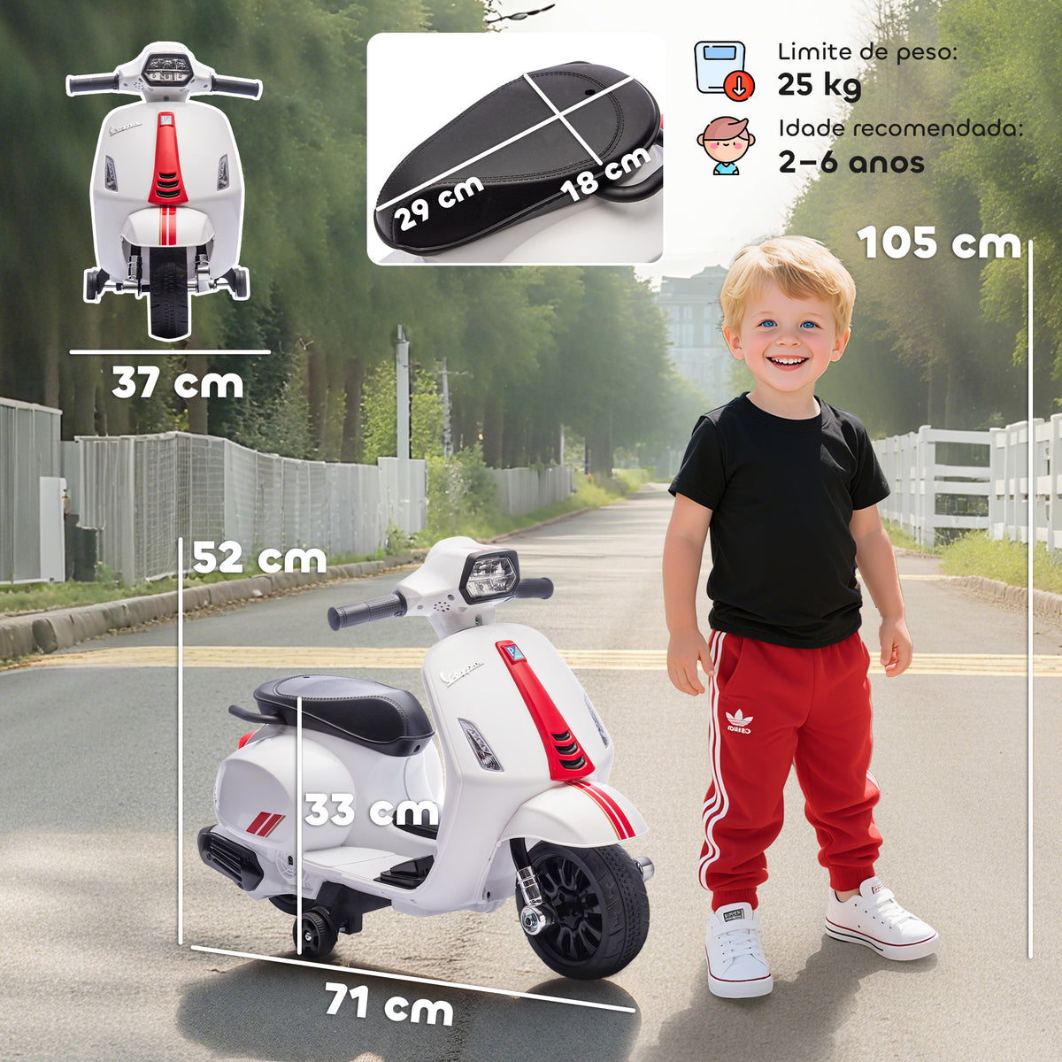 Mota Elétrica para Crianças 6V com Licença Vespa Mota Elétrica Infantil com Rodas Auxiliares Velocidade de 2,5km/h Farol e Buzina para Crianças de 2-6 Anos 71x37x52 cm Branco — foto 3