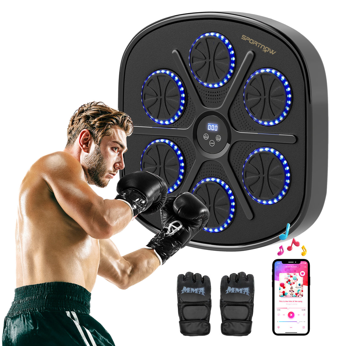 Máquina de Boxe Musical com 9 Modos de Velocidade Luvas e Conexão Bluetooth Boxe Musical de Parede com Luzes LED para Adultos e Crianças em Casa Escritório Ginásio 41,8x44,6x7,5 cm Preto — foto 1