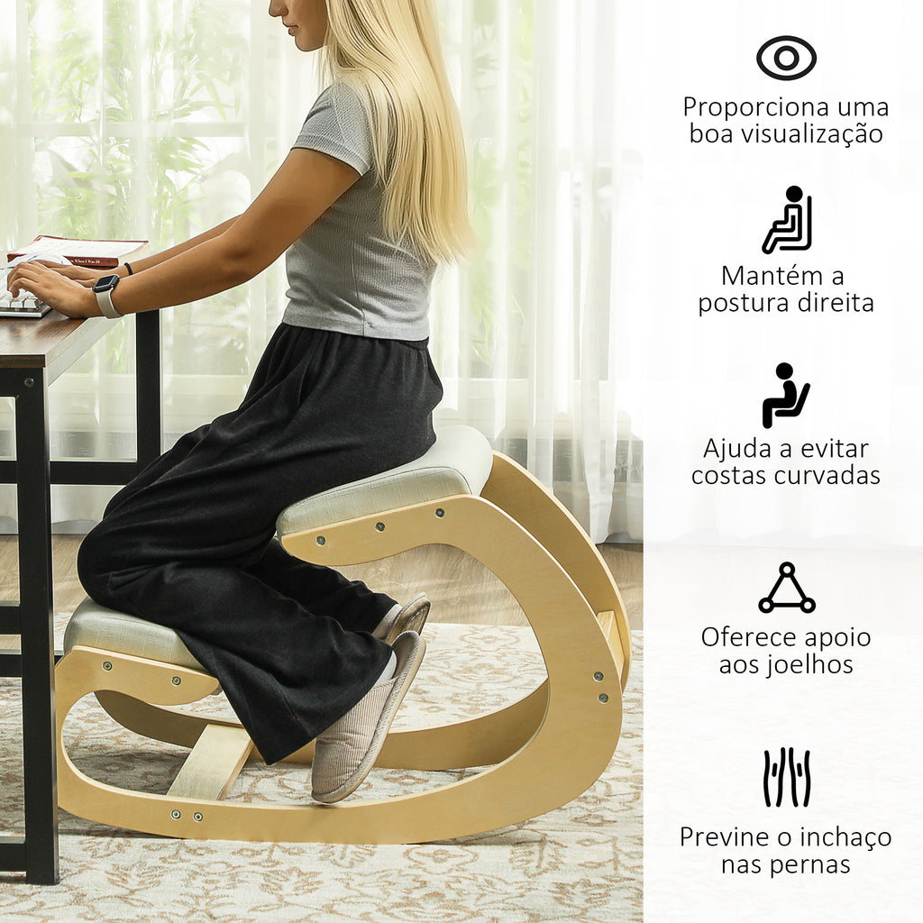 Cadeira Ergonómica de Joelhos com Almofadas Acolchoadas Estrutura de Madeira para Melhor Postura Escritório 55x85x55 cm Creme — foto 5
