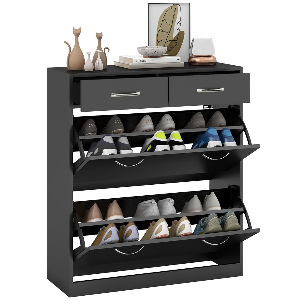 Sapateira Móvel para Sapatos Estreito com 2 Compartimentos e 2 Gavetas para 12 Pares de Sapatos para Sala de Estar Entrada Corredor 80x30x91,5 cm Preto — foto 1