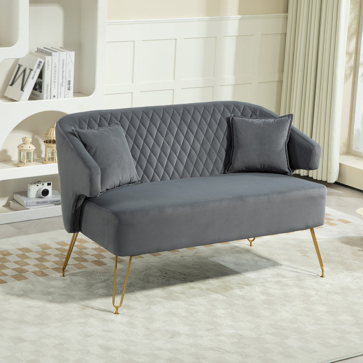 Sofá de 2 Lugares Estofado em Veludo Sofá Sala de Estar com 2 Almofadas Apoio para o Braço e Pés de Aço Dourado Sofá Pequeno Carga 240 kg para Dormitório Escritório 124x69x76 cm Cinza — foto 2
