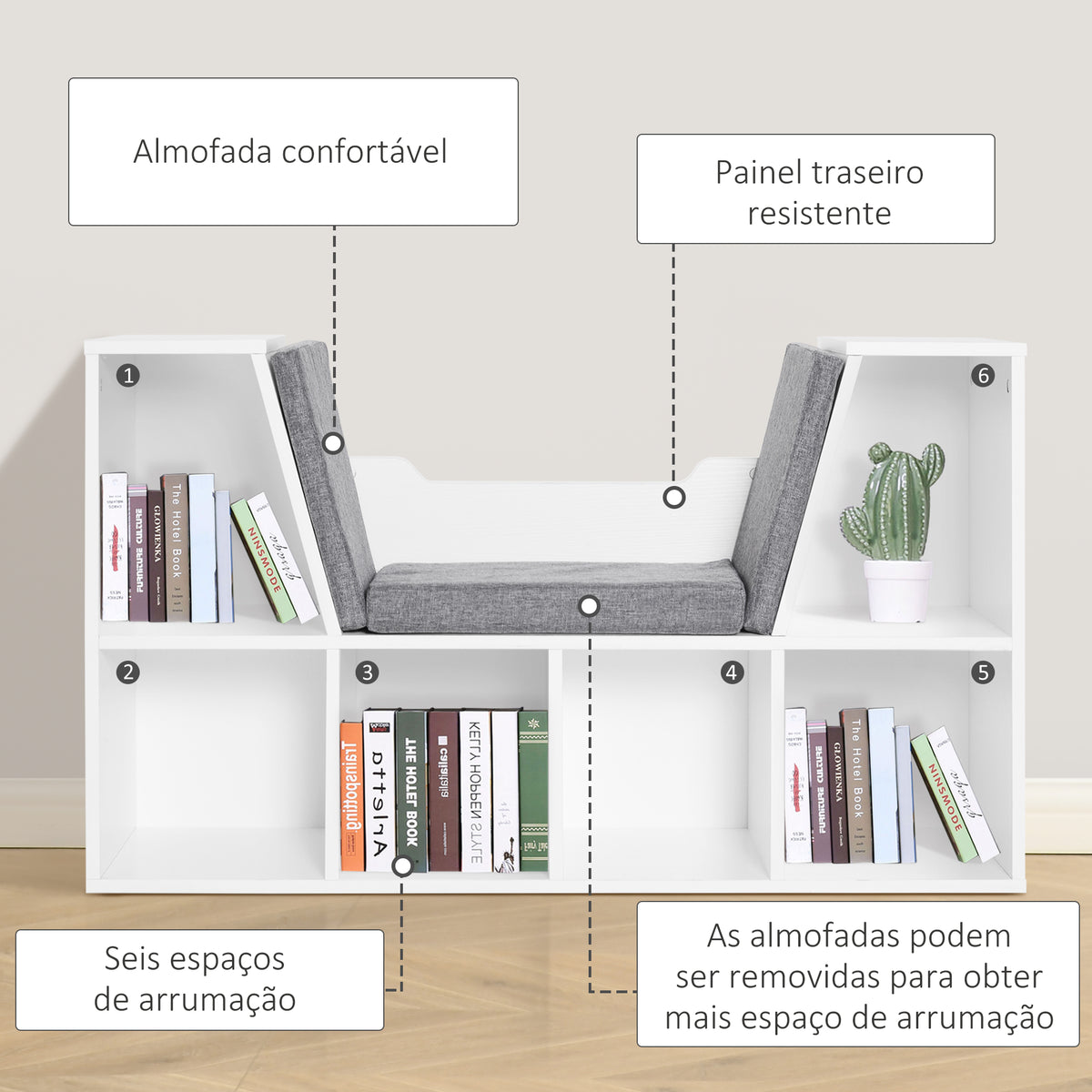 Estante Infantil com Assento Estante com 6 Cubos e Banco com Almofada 102x30x61cm Branco e Cinzento — foto 6