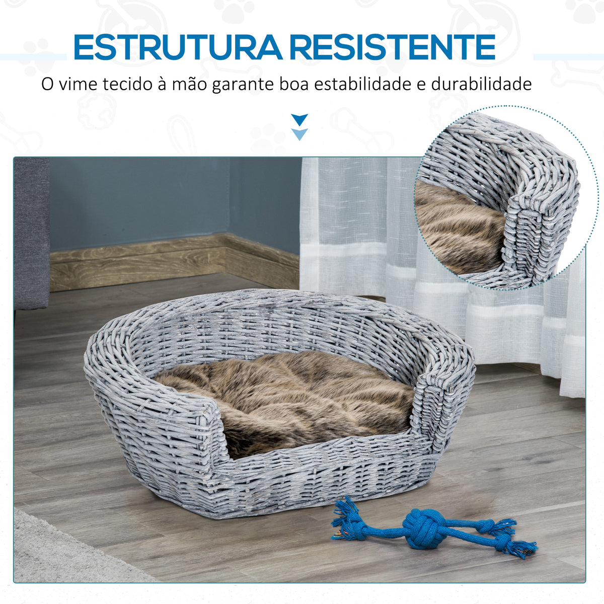 Cama para Cães de Vime Cama de Vime para Gatos Cães com Almofada Lavável 57x46x17,5cm Cinza — foto 4