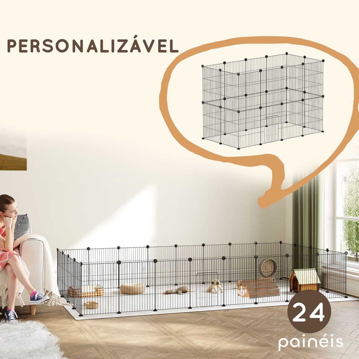 Recinto Metálico para Animais com 24 Painéis Recinto para Animais Pequenos Personalizável para Coelhos Porquinhos-da-Índia Chinchilas Gatos 120x60x80 cm Preto — foto 4